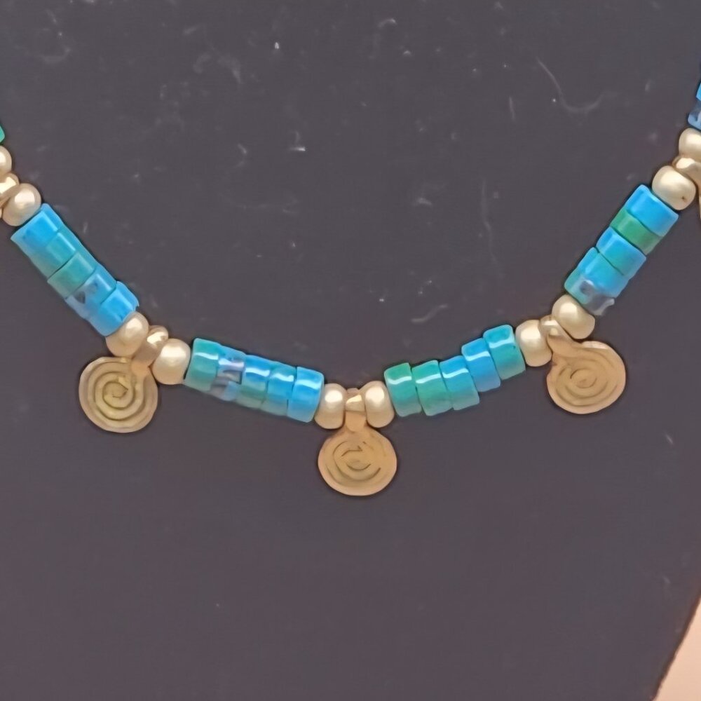 Azurite and Brass Spiral Charm Necklace - Picture 2 of 6